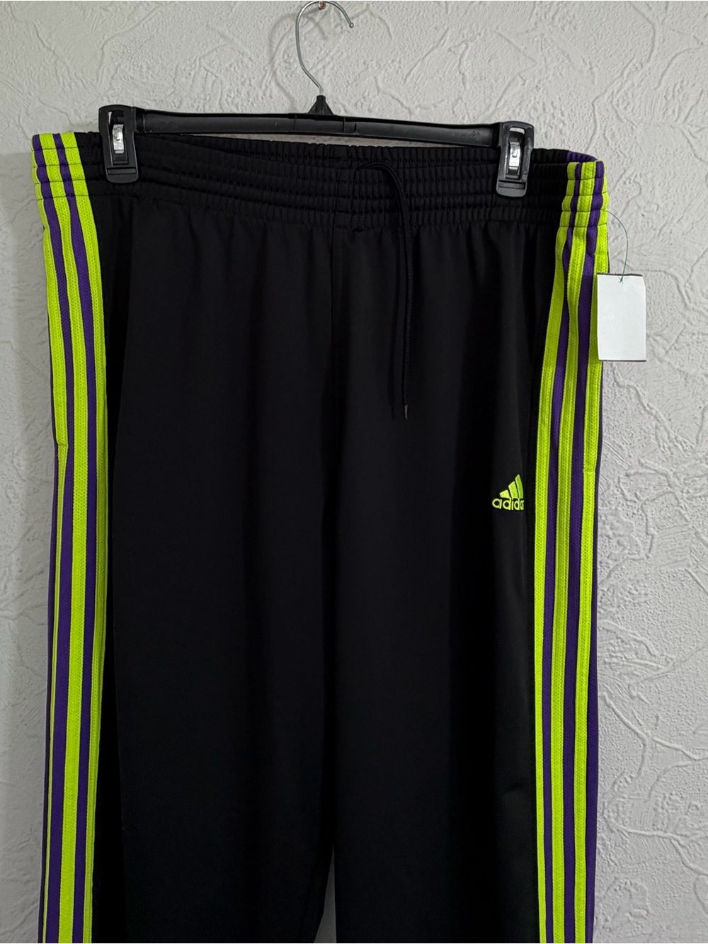 Vintage Adidas Track Pants Purple Neon Yellow 3 Stripe Y2K Button Snap Hem CLEAN - Picture 3 of 8